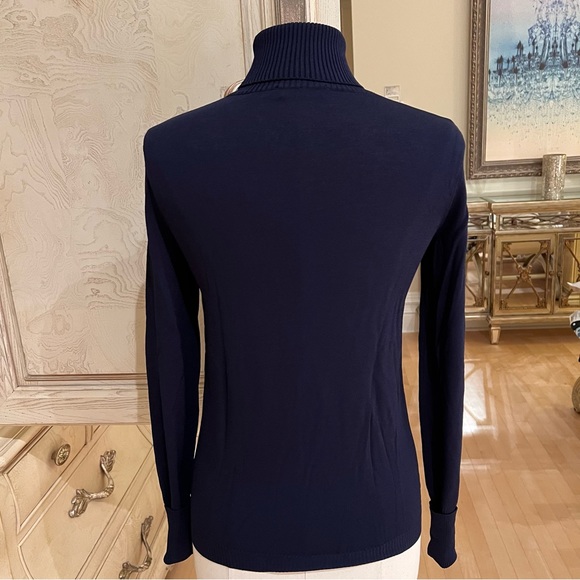 Tory Burch Candace Navy Turtleneck Sweater With Red "T" Logo On Sleeve - Picture 4 of 7